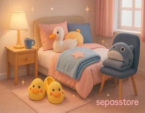 اتاق خواب فانتزی و دنج با پتو، بالش و لباس‌های راحتی فانتزی به رنگ صورتی و آبی – کاور مقاله ۱۰ مدل لباس راحتی فانتزی سپاس‌استور