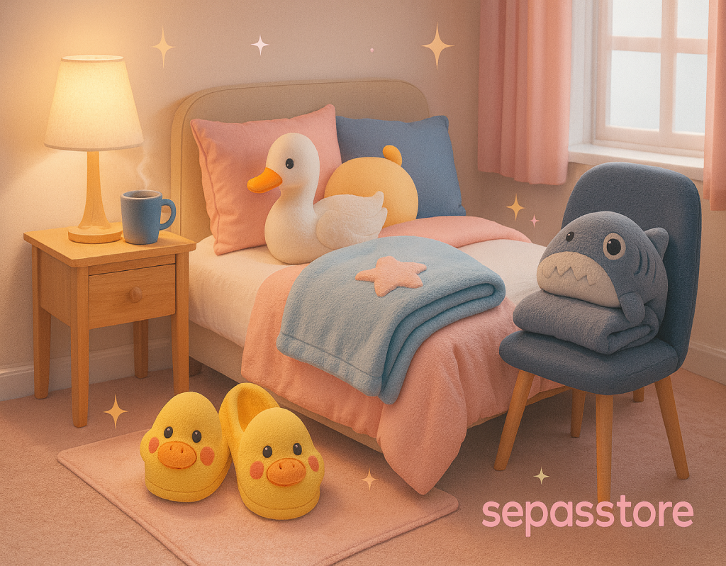 اتاق خواب فانتزی و دنج با پتو، بالش و لباس‌های راحتی فانتزی به رنگ صورتی و آبی – کاور مقاله ۱۰ مدل لباس راحتی فانتزی سپاس‌استور