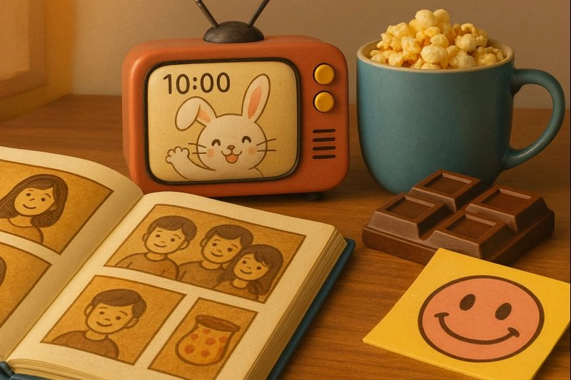 ایده حال خوب با کارتون کوتاه، آلبوم عکس قدیمی و خوراکی کودکانه روی میز